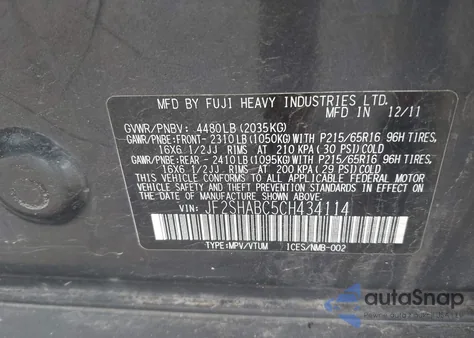 2012 Subaru Forester 2.5X from USA, damaged, VIN JF2SHABC5CH434114